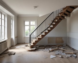 An interior space appears to be under renovation, featuring a large, decorative marble wall with an intricate pattern. Scaffolding, tools, and materials are scattered throughout the room, including a cart, power tools, and a table. The room is lit by natural light coming through large windows, adding to the sense of openness.