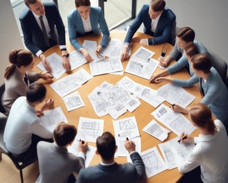 A copy of the book titled 'The 1-Page Marketing Plan' lies on a gray textured surface. The book cover is bright yellow with bold red, white, and green text. Surrounding the book are various small objects: a metallic laptop partially visible on the top left, a pair of white wireless earphones, a blue bookmark with the text 'one more page,' and other small, colorful items.