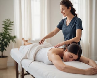 A serene spa setting featuring a person lying face down on a massage table covered with a white sheet. Several smooth black stones are placed along their back for a hot stone massage. Soft, ambient lighting creates a warm atmosphere, with bottles of oil visible on a wooden table in the background.