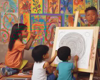 A group of children is gathered on the floor, engaging in reading from books placed on wooden stands. They appear focused and attentive, with some children dressed in traditional attire including scarves.