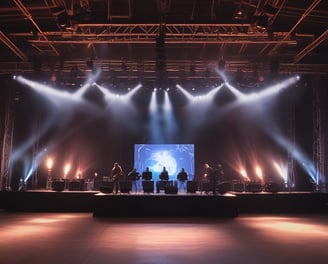 A dimly lit environment with a focus on an illuminated sound mixing console. The console's lights and screens stand out against the dark background, hinting at an audio or concert setup.