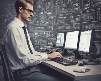 A hand holding a thermal scanner is pointed towards a rack of computer servers. The servers are illuminated with blue LED lights, giving a technological and futuristic feel.