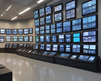 An oval-shaped digital display is embedded in a wall. The screen shows a close-up view of a fabric texture in a peachy color. Surrounding the display is a metallic border with inscriptions. The wall is a smooth, flat surface in a muted blue tone, with a few visible screws or bolts.