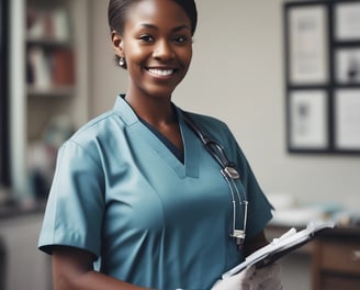 A person wearing a white medical coat and a face mask holds a clipboard and gives a thumbs-up gesture. They have a stethoscope around their neck, and the background is a solid red color.