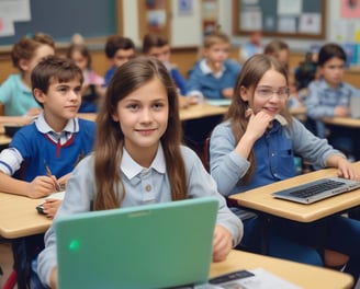 a group of children sitting at desks in a classroom
