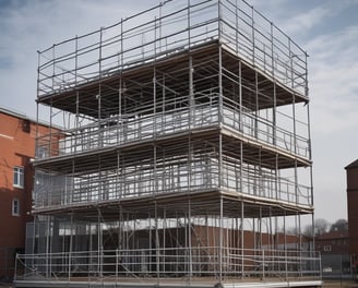 Scaffolding is set up inside a partially constructed building, with metal poles and wooden planks forming platforms. The interior shows exposed brickwork and unfinished walls, with a view of the cloudy sky above through an open section.