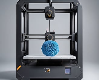 A 3D printer in a workshop setting, featuring a partially printed white object on the build plate. Behind the printer, there are shelves with various containers, suggesting a workspace. The machine is equipped with visible wires and components.
