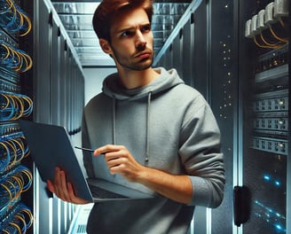 a man in a server room with a laptop and a notebook computer