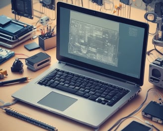 A laptop computer with a website displayed on the screen featuring the text 'Exceptional Web Application design & development'. The laptop is on a dark surface, and the website has a clean and modern design with a light background and colorful text elements.