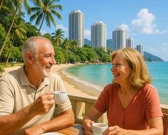 Retired couple enjoying coffee on a sunny beachside terrace in Malaysia