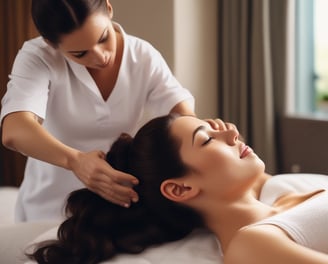A person is lying down on a treatment bed covered with a white towel. Another individual is standing beside, placing their hands on the person's shoulders as if about to perform a massage or therapy. The scene appears to be in a spa or similar wellness setting.