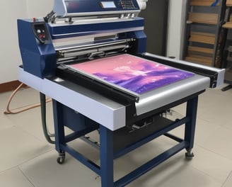 Two men are engaged in a manual screen-printing process in an industrial setting. They are using large screens to apply patterns onto fabrics. The environment appears to be a workshop with various tools and materials scattered around. Ambient lighting creates a focused but slightly dim atmosphere.