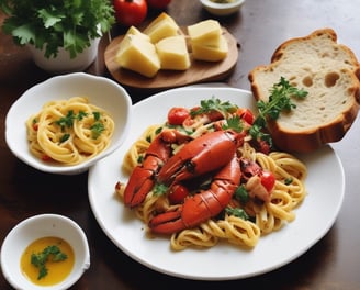 A wooden table is set with a variety of Italian dishes, including several pizzas with different toppings, a fresh green salad with cherry tomatoes and croutons, and a serving of pasta in a glass container. There are small bowls of chili flakes and white dipping sauce, along with slices of toasted bread. Beverages in clear glasses are also visible, likely iced tea and beer. Utensils like a knife and fork are neatly placed nearby.