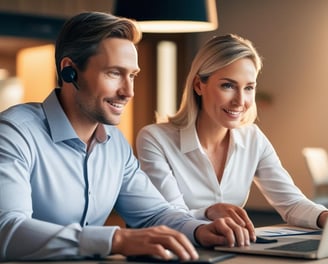 a man and woman sitting at a desk with a laptop