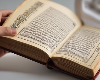 A hand holds a book with a decorative green cover displaying Arabic script and patterns. The book cover includes the title 'Al-Qur'an Wakaf' along with the branding of 'Madina'. There is a combination of ornate designs in white, gold, and green creating an intricate frame around the central text.