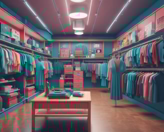 A room filled with a variety of clothing items hanging on racks, with colorful dresses and garments on both sides. To the left, there is a display of hats, featuring several different colors and styles. In the center back of the room is a closed black door labeled 'EMPLOYEES ONLY'. The wall behind the clothing has a teal color.