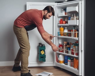 A blue bottle with the brand name Samsung written on it is placed inside a refrigerator. The interior of the fridge is mostly empty, with metal shelves visible in the background.