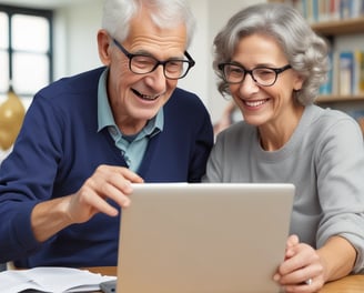 An older woman and man are sitting at a table in a well-lit room. The man, wearing glasses and a blue checkered shirt, is pointing at a smartphone held by the woman. They appear to be engaged in a discussion, possibly explaining or learning something about the device. In the background, there is a clock on the wall and some documents pinned up.