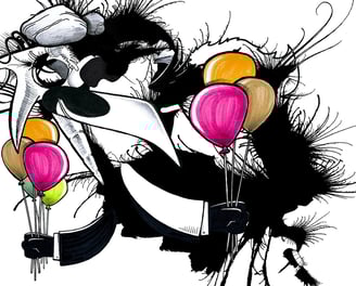 a drawing of a bird holding balloons