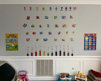 Photo of daycare room where children play. Includes 1 to 10 and A to Z.