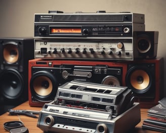 A collection of vinyl records is displayed in black crates on shelves. The surroundings include various music paraphernalia such as CDs, posters, and decorative items. There are also some framed artworks and magazine covers on display, contributing to a vintage and eclectic atmosphere.