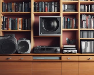 A collection of vintage vinyl records is displayed in a dark, perforated wooden shelf. The record covers feature classic artists and iconic album art, including images of performers and stylized graphics.