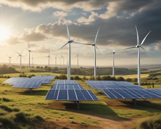 A landscape featuring a large solar panel array in the foreground, with a modern wind turbine to the left. Behind the renewable energy installations, an industrial facility with multiple chimneys and storage tanks is visible under a clear blue sky.