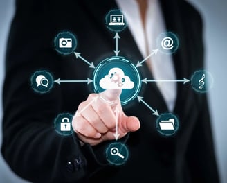 a person holding a cloud computing device with a cloud computing cloud