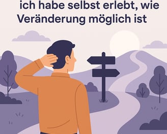 Man vor Weggabelung mit Zitat zur persönlichen Veränderung