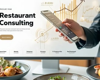 Consultoria digital para restaurantes num ecrã, destacando estratégias para otimização de reservas e gestão inteligente.