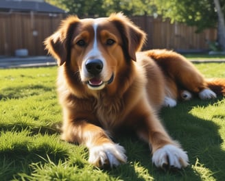 A small, fluffy dog with a muddy coat stands on a paved path, holding a leash. The background features a grassy edge and a brick wall.