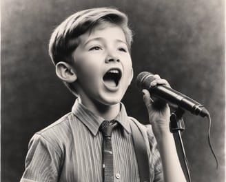 A person passionately singing into a microphone, surrounded by dynamic light trails creating a sense of movement. The individual is wearing a white shirt with an earplug and has a tattoo on the arm. The background is filled with warm, blurred lights.