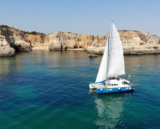 a sailboat in the water with a sailboat in the background