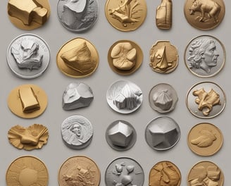 Several silver coins with the inscription 'EXU' are arranged in a pile. In the background, there is an electronic trading platform screen with the word 'executium', some graphs, and trading data.