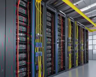 A close-up view of a network server rack filled with multiple fiber optic cables and connectors. The cables are predominantly yellow and green, some labeled with tags, and they are connected to various ports and modules. The setup appears highly organized and is likely part of a data center or telecommunications infrastructure.