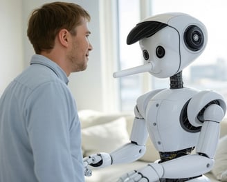 a man in a blue shirt is standing next to a robot