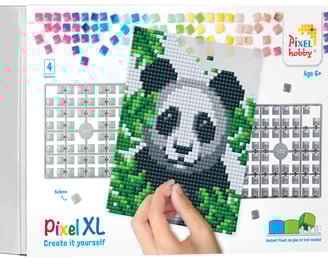 An art game box showing the creation of panda picture using pixel squares