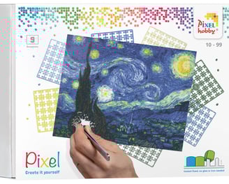 An art game box showing the creation of The Starry Night using pixel squares