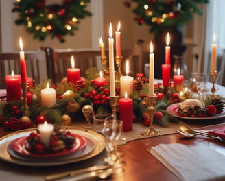 Christmas-themed decorations including sprigs of artificial pine, clusters of red berries, candy canes, baubles, and string lights are arranged around the perimeter of the image, creating a festive border on a blank background.