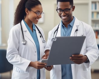 Hands typing on a laptop with a stethoscope resting on the wooden table beside it. The setting suggests a work environment that combines technology with healthcare.