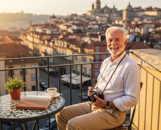 Un adulto consolidado sentado en un balcon de un pueblo magico sonriendo