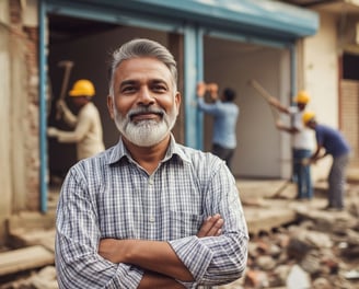 Imagen de un empresario de la construcción con sus trabajadores en la parte de atras