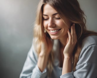 A person with long hair adorned with small, colorful flowers is gazing directly at the viewer. Patches with the words 'TAKE CARE' and 'OF YOURSELF' are placed under their eyes, emphasizing a message of self-care.