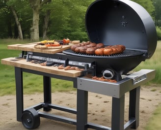 A circular barbecue setup with large sections of meat skewered and arranged around an open flame. The structure is made of stone or concrete, and the scene appears to be outdoors with a rustic vibe. The meat is being cooked over open fire, with the flames visible in the center.