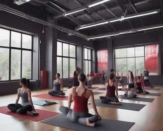 A modern gym outfitted with rows of treadmills and step machines, organized neatly in a spacious room with wooden floors. Large mirrors line the walls, enhancing the perception of space and reflecting the equipment.
