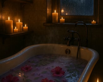 a bathtub with candles and flower petals in a dark room