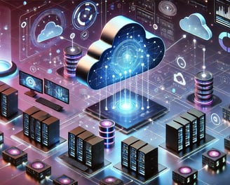 A futuristic illustration of a cloud infrastructure with servers, data centers, and connected device