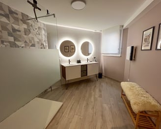 a bathroom with a bench