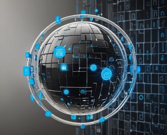 uma esfera azul e preta com diversos símbolos relacionados a tecnologia