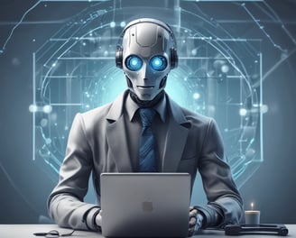 A small, round robot with a smooth white surface and blue accents operates a blue laptop on a sleek, floating platform. The robot has glowing eyes and an antenna on its head, with an 'AI' emblem on its front.